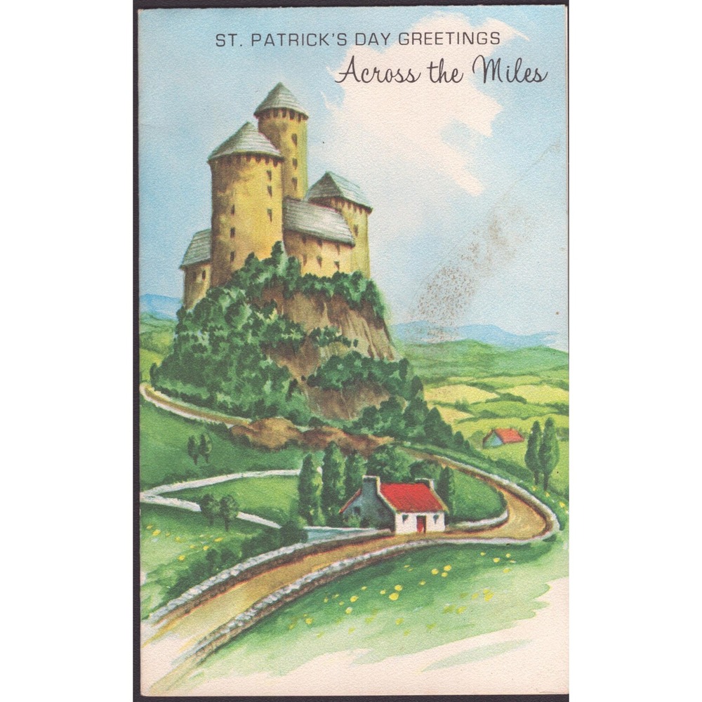 Vintage 1950s Rousana St Patrick's Day Greeting Card Castle Landscape USA